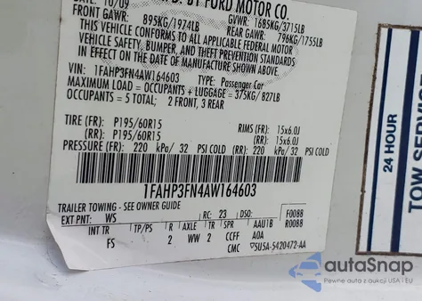 2010 Ford Focus Se z USA, uszkodzony, nr VIN 1FAHP3FN4AW164603